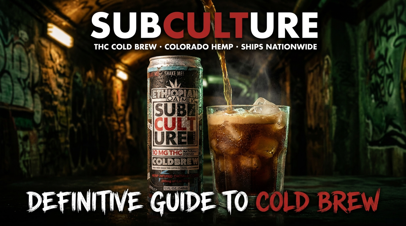 THC cold brew coffee bottle with cannabis leaf label.