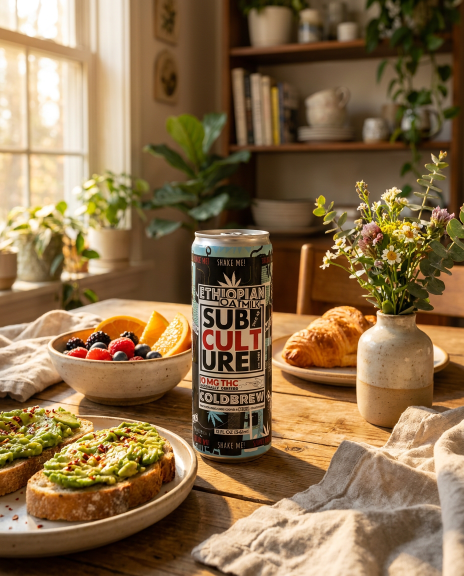 Subculture THC Cold Brew oat milk latte in a morning breakfast scene
