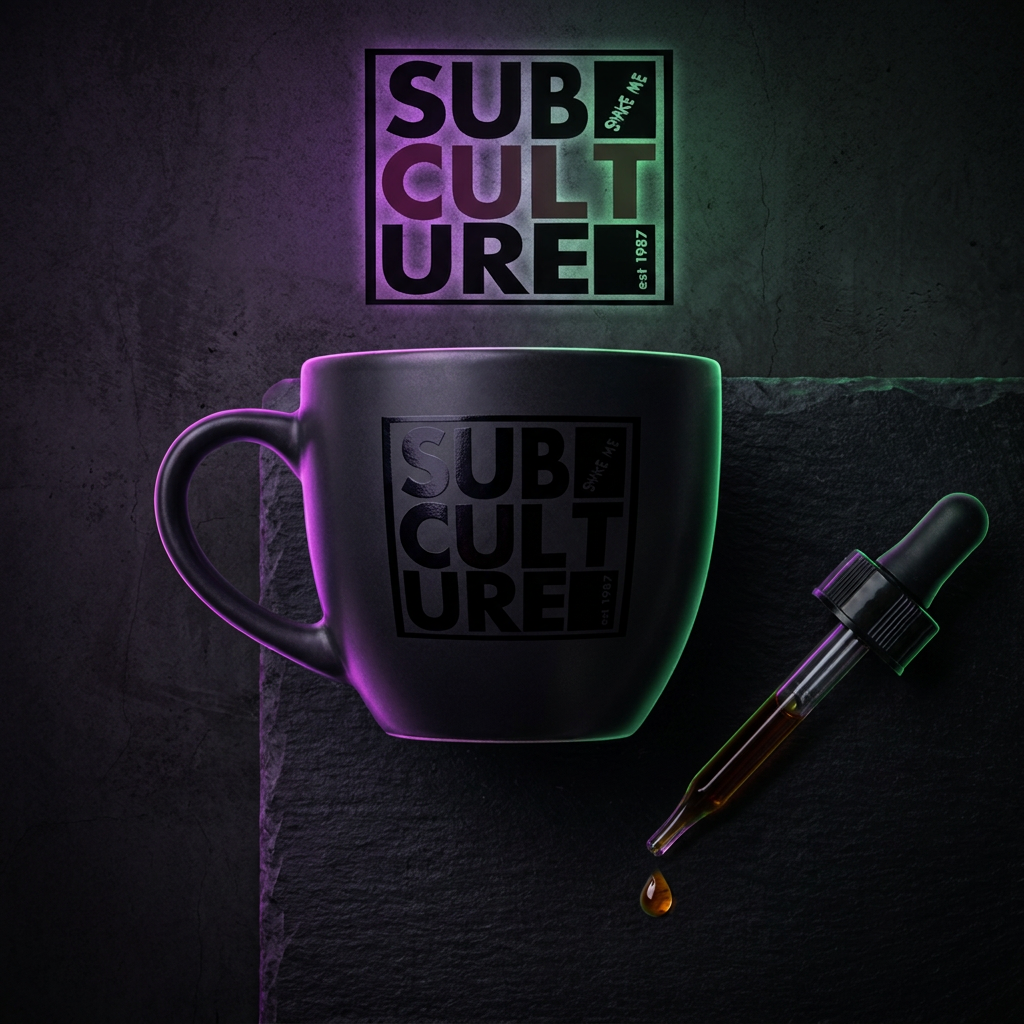 Mug of coffee with cannabis leaves nearby.