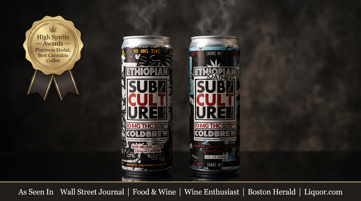 Two cans of Subculture Coldbrew coffee with THC and an award ribbon.